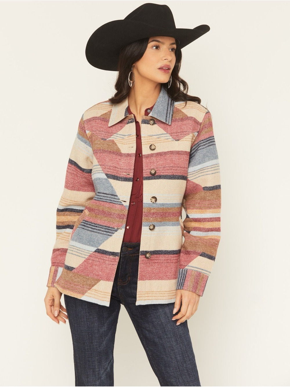 Idyllwind Striped Shacket in Cream, Dusty Pink & Blue